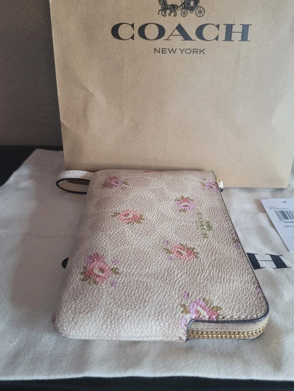 Coach Cream Floral Wristlet Pouch with Pink Roses - Picture 7 of 12